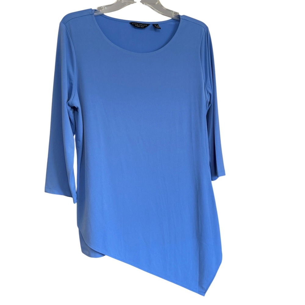Susan Graver Liquid Knit Every Day Blue Asymmetrical Sharkbite 3/4 Sleeve Top M - Picture 1 of 8